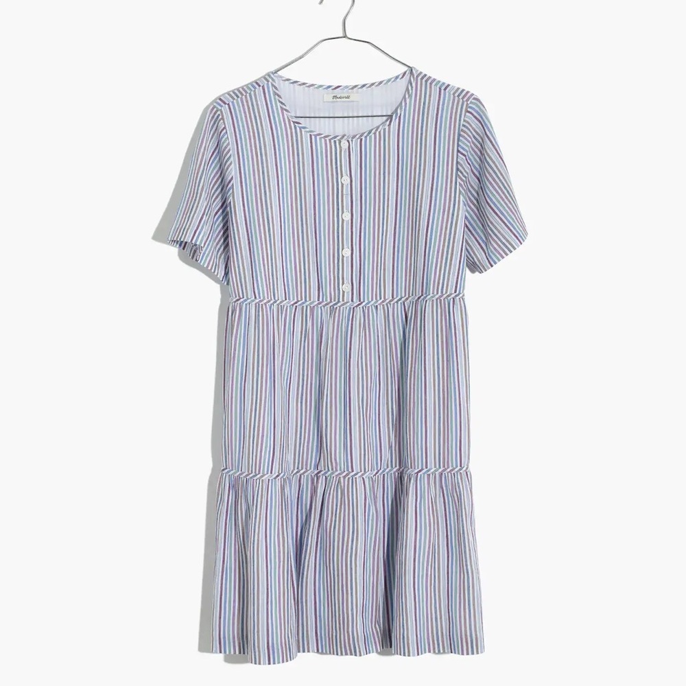 Madewell Striped Crewneck Button-Front Tiered Mini Dress